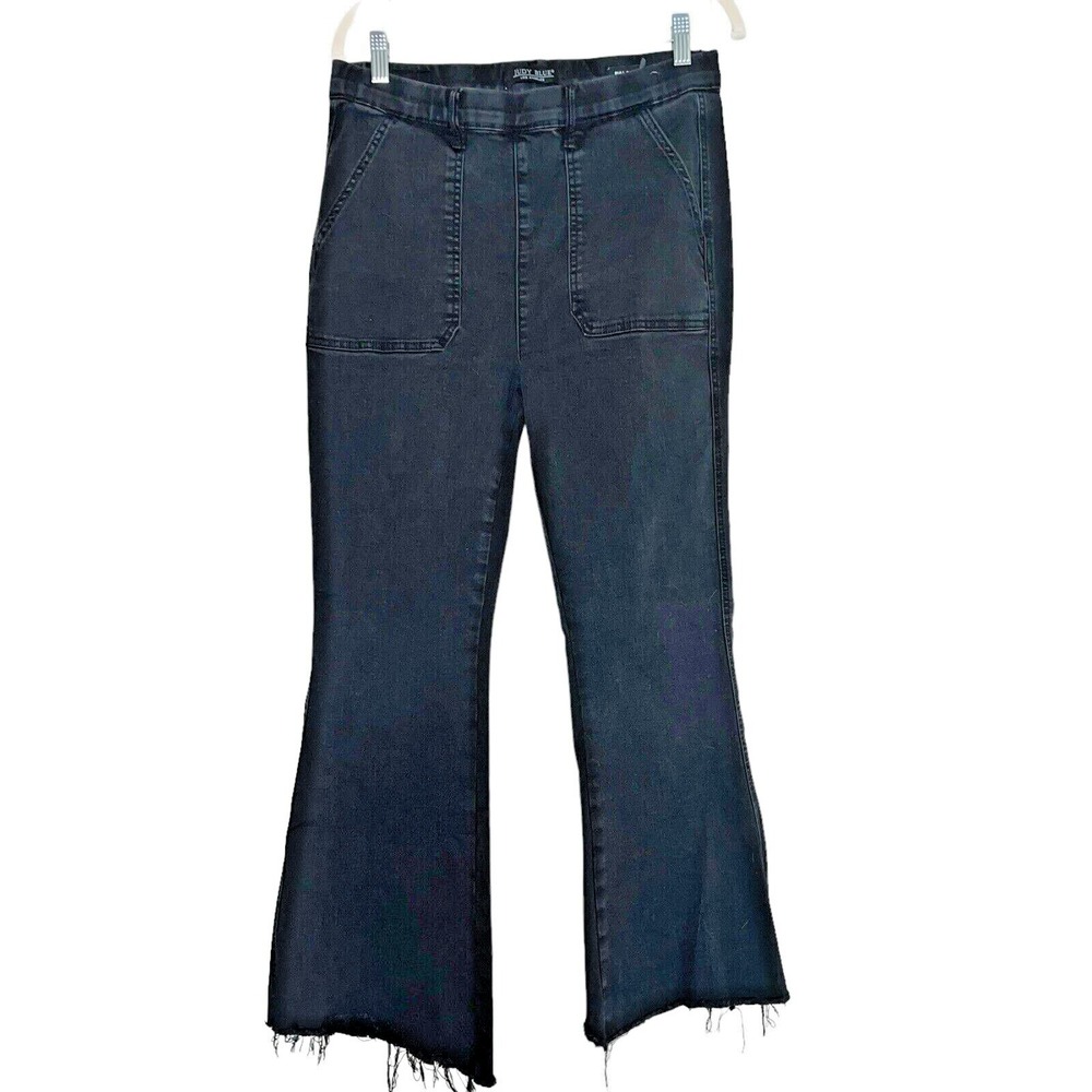 Judy Blue Black Pull On Flare Jeans High Rise Raw Hem Size 11/30 Stretch Denim